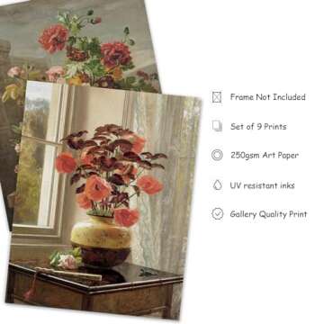 AnyDesign Spring Flower Gallery Wall Art Prints Set Vintage Oil Painting Floral Posters Retro Paper Wall Arts for Living Room Bedroom Decor, 9 Sheet, Multiple Conventional Sizes, Unframed