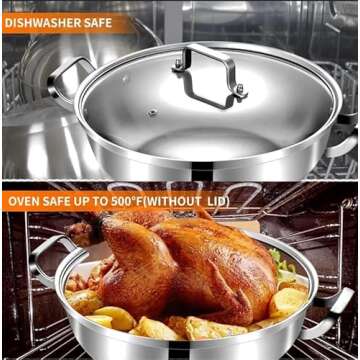 Delarlo Tri-Ply Stainless Steel 12 inch Everyday Pan with Glass Lid, Deep Saute Pan, Kitchen Everything Pan, High Side Chef's Pans, Induction Cooking Pot, Dishwasher Safe, 4QT Stock Pot Up To 600℉