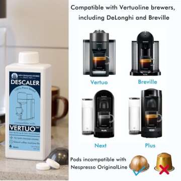 (12 Months Supply) Nespresso Compatible Vertuo Descaling Kit, Odorless Coffee Brewer Machine Descaler Set, Liquid Descaling Solution for Nespresso, Includes Reusable Pod and 12 Cleaning Tablets