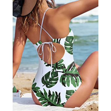 Ekouaer Sexy V-Neck One Piece Swimsuits Women Tummy Control