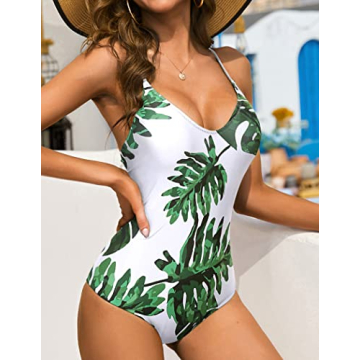 Ekouaer Sexy V-Neck One Piece Swimsuits Women Tummy Control