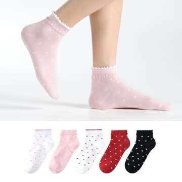 kikiya socks Women Cute Ankle | 5 Pairs Heart Print Ruffle Design Black White Red Pink Color Cute Pa...