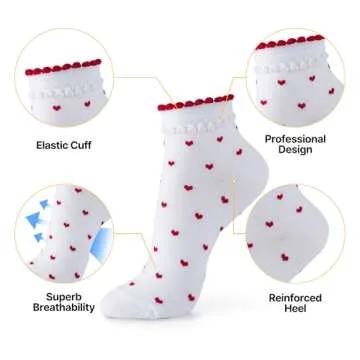 kikiya socks Women Cute Ankle | 5 Pairs Heart Print Ruffle Design Black White Red Pink Color Cute Patterned Frilly Preppy Mid Cut Daily Cotton Socks | Womens Ladies Girls Gift | Heart Ankle C