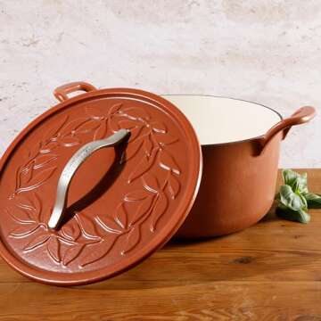 Bloomhouse 7 Qt Cast Iron Dutch Oven W/Embossed Lid, European Enamel, & Olive Wood Trivet - Matte Terracota