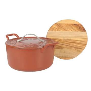 Bloomhouse 7 Qt Cast Iron Dutch Oven W/Embossed Lid, European Enamel, & Olive Wood Trivet - Matte Terracota