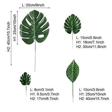 Recosis 80 Pieces 4 Kinds Artificial Palm Leaves with Stems Faux Monstera Leaves Tropical Plant Simu...