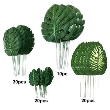 Recosis 80 Pieces 4 Kinds Artificial Palm Leaves with Stems Faux Monstera Leaves Tropical Plant Simulation Safari Leaves for Tropical Leaves Decorations Beach Birthday Jungle Hawaiian Luau Party