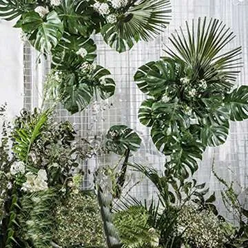 Recosis 80 Pieces 4 Kinds Artificial Palm Leaves with Stems Faux Monstera Leaves Tropical Plant Simulation Safari Leaves for Tropical Leaves Decorations Beach Birthday Jungle Hawaiian Luau Party
