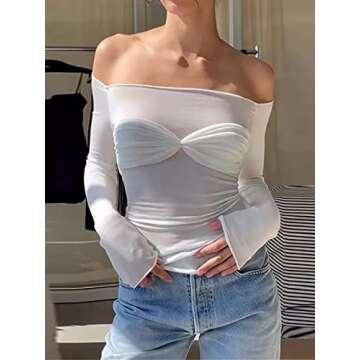 AnotherChill Women's Sexy See-through Top Ruched Off-shoulder T-shirt Long Sleeve Mesh Going Out Tops