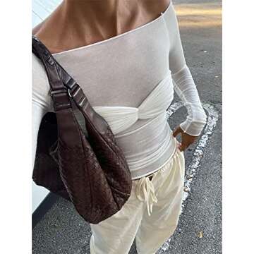 AnotherChill Women's Sexy See-through Top Ruched Off-shoulder T-shirt Long Sleeve Mesh Going Out Tops