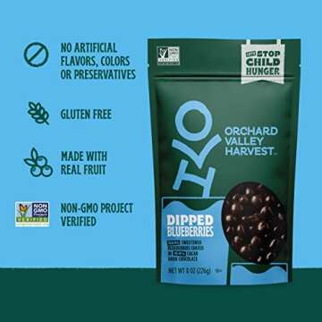 Orchard Valley Harvest Dark Chocolate Dipped Blueberries, 8 oz (Pack of 1), Made With Real Sweetened Blueberries, Gluten Free, Non-GMO, Resealable Bag, Snacks for Adults & Kids