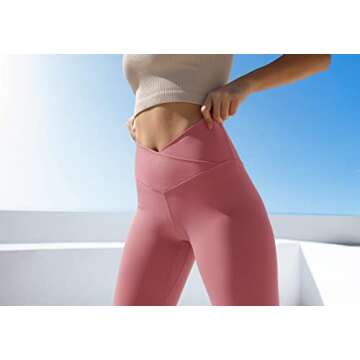 ODODOS Women's Cross Waist Yoga Leggings with Inner Pocket, Non See-Through Workout Running Tights Athletic Pants-Inseam 28", Raspberry, Small