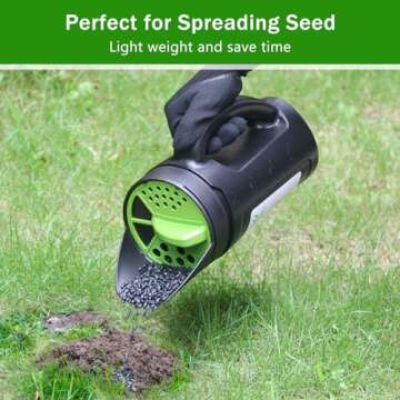 Yhtpouqe Hand held Spreader, Seed Spreader for Ice Melt, Grass Seed, Fertilizer Lawn and Garden. Multiple Adjustable Opening Sizes for Salt,Ice Melt, Up to 80 Oz