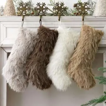 Bunny Chorus Christmas Stockings, 4 Pcs 18 Inch Neutral Luxury Thick Plush Faux Fur Stocking, 4 Neutral Colors of White Brown Grey, Christmas Home Décor Xmas Party Christmas Decorations Winter Gifts