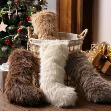 Bunny Chorus Christmas Stockings, 4 Pcs 18 Inch Neutral Luxury Thick Plush Faux Fur Stocking, 4 Neutral Colors of White Brown Grey, Christmas Home Décor Xmas Party Christmas Decorations Winter Gifts