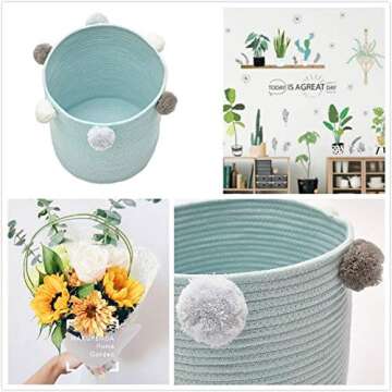 Leadtimes Green Cotton Rope Storage Baskets 12.6" x 12.6" x 14.6" Woven Baby Cute Pompoms Orangizer Bins for Laundry, Cloths, Home Decoration