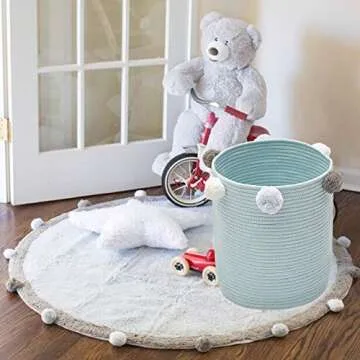 Leadtimes Green Cotton Rope Storage Baskets 12.6" x 12.6" x 14.6" Woven Baby Cute Pompoms Orangizer Bins for Laundry, Cloths, Home Decoration