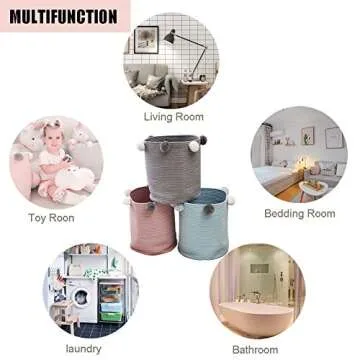 Leadtimes Green Cotton Rope Storage Baskets 12.6" x 12.6" x 14.6" Woven Baby Cute Pompoms Orangizer Bins for Laundry, Cloths, Home Decoration