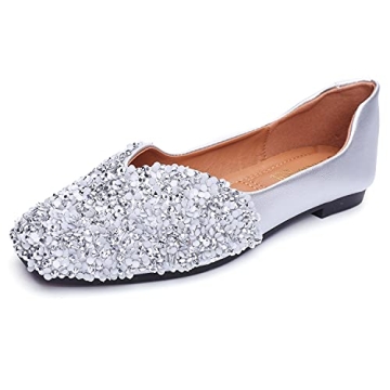 QXCGDYXT Silver Flats Shoes Women Rhinestone Square Ballet Flats Comfortable Slip-on Dress Shoes Siz...