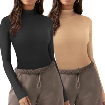 Zeagoo Mock Turtleneck Women Casual Basic Crop Tops - 2 Pack Black+Camel