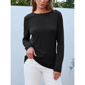 SUNBS Womens 3 Packs Long Sleeve Shirts Loose Fit Fall Tops Fashion Clothes Outfits 2025 Basic Tee Crew Neck Tops BlackWhiteWine S