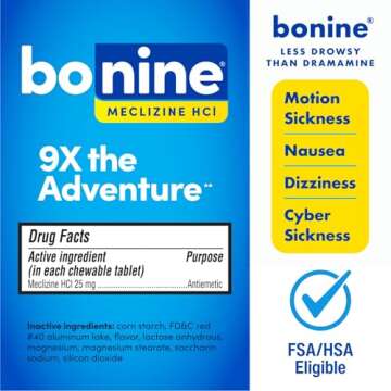 Bonine Non-Drowsy Motion Sickness Relief - Chewable Tablets with Meclizine HCL 25mg - Non Drowsy Med...