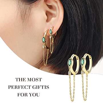 JIANGYUE Emerald Green Hoop Earrings For Women Gold Chain Earrings Tassel Huggie CZ Marquise Earring...