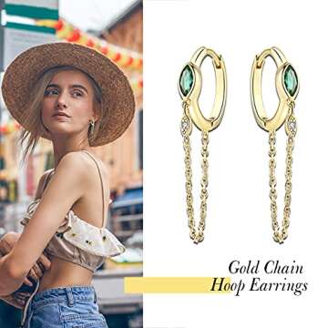 JIANGYUE Emerald Green Hoop Earrings For Women Gold Chain Earrings Tassel Huggie CZ Marquise Earrings Trendy Small Hypoallergenic Jewelry