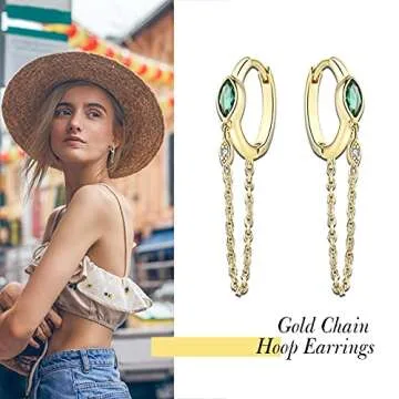 JIANGYUE Emerald Green Hoop Earrings For Women Gold Chain Earrings Tassel Huggie CZ Marquise Earrings Trendy Small Hypoallergenic Jewelry