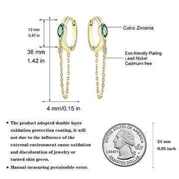 JIANGYUE Emerald Green Hoop Earrings For Women Gold Chain Earrings Tassel Huggie CZ Marquise Earrings Trendy Small Hypoallergenic Jewelry