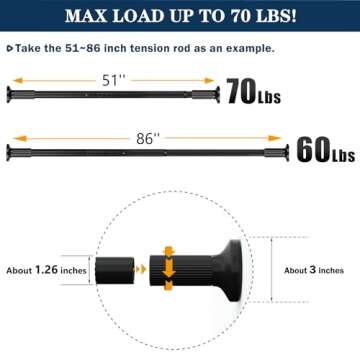 Tension Curtain Rod 51-166Inch,No Drill Spring Room Divider Tension Rod,Double Side Adjustable Heavy Duty Carbon Steel Rod,Room Divider Adjustable Pole for Patio,Window,Outdoor,Extra Long,Φ1.26Inch