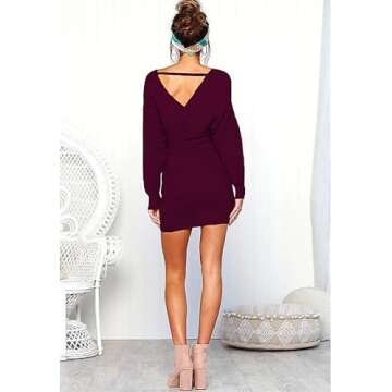 Mansy Women's Sexy Cocktail Batwing Long Sleeve Backless Mock Wrap Knit Sweater Mini Dress Burgundy