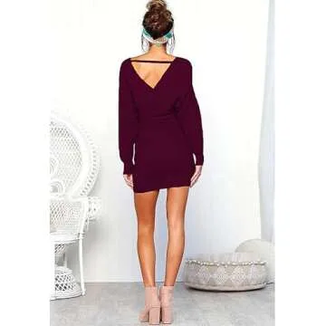 Mansy Women's Sexy Cocktail Batwing Long Sleeve Backless Mock Wrap Knit Sweater Mini Dress Burgundy