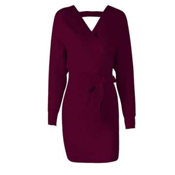 Mansy Women's Sexy Cocktail Batwing Long Sleeve Backless Mock Wrap Knit Sweater Mini Dress Burgundy