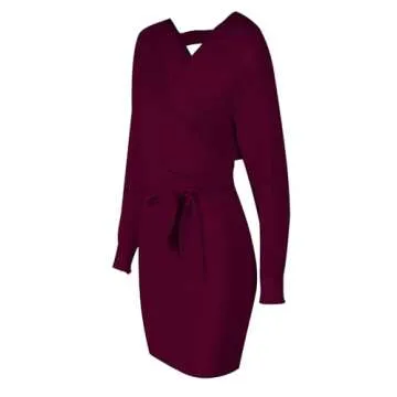 Mansy Women's Sexy Cocktail Batwing Long Sleeve Backless Mock Wrap Knit Sweater Mini Dress Burgundy