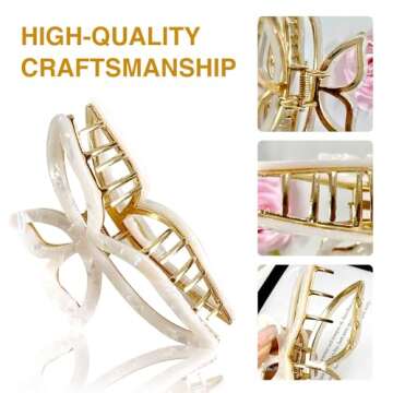Big Hair Claw Clips Butterfly Hair Clips 4.33"" -Acetate Claw Clips -Large Claw Clips - Metal Hair Clips - Strong Hold for Women Girls Thick Hair - Anti-slip Grip Clip 2 Pcs, white;grizzly