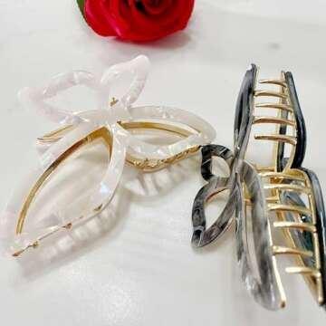 Big Hair Claw Clips Butterfly Hair Clips 4.33"" -Acetate Claw Clips -Large Claw Clips - Metal Hair Clips - Strong Hold for Women Girls Thick Hair - Anti-slip Grip Clip 2 Pcs, white;grizzly