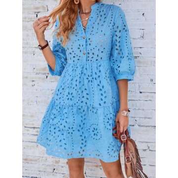 Elegant Cotton Eyelet Midi Dress - Sky Blue V Neck Style