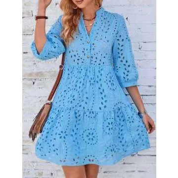 Elegant Cotton Eyelet Midi Dress - Sky Blue V Neck Style