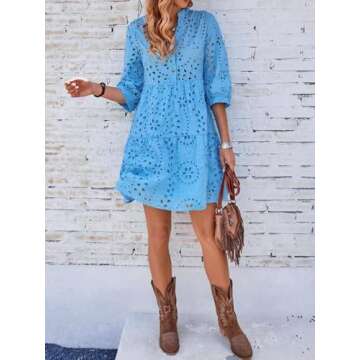 Elegant Cotton Eyelet Midi Dress - Sky Blue V Neck Style