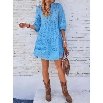 Elegant Cotton Eyelet Midi Dress - Sky Blue V Neck Style