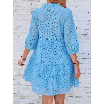 Elegant Cotton Eyelet Midi Dress - Sky Blue V Neck Style
