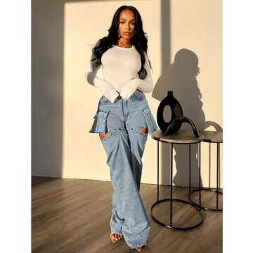 Womens Cargo Jeans Snap Button Detachable Leg High Rise Long Denim Pants with Pockets Blue M