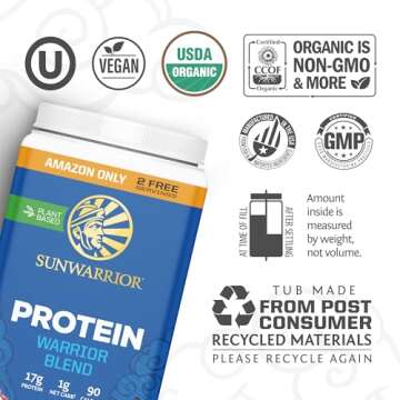 Sunwarrior Vegan Protein Powder Plant-Based USDA Organic | BCAA Amino Acids Hemp Seed | Keto Friendly Soy, Dairy, Gluten, & Synthetic Free Non-GMO | Vanilla 32 Servings 17g