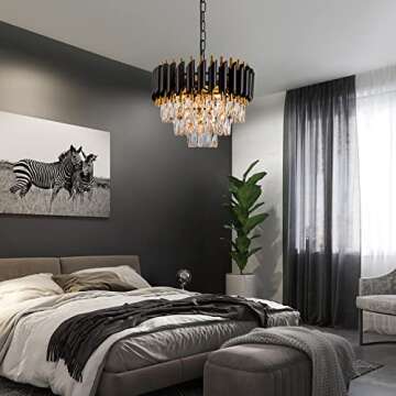 brfaixla 3-Tier Black Gold Crystal Chandelier 5-Light 15’’ Modern Crystal Pendant Chandelier Cei...