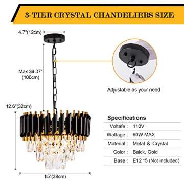 Elegant 3-Tier Black Gold Crystal Chandelier for Home