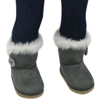 Sophia's Gray Suede Winter Boots with White Faux Fur Lining and Trim Plus Gray Side Button and Soft Tan Soles for 18" Dolls, Gray