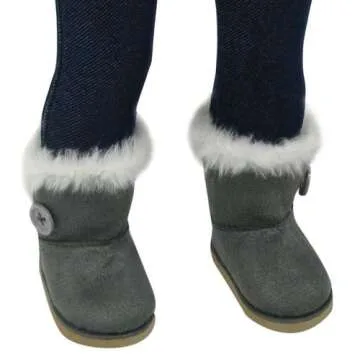 Sophia's Gray Suede Winter Boots with White Faux Fur Lining and Trim Plus Gray Side Button and Soft Tan Soles for 18" Dolls, Gray