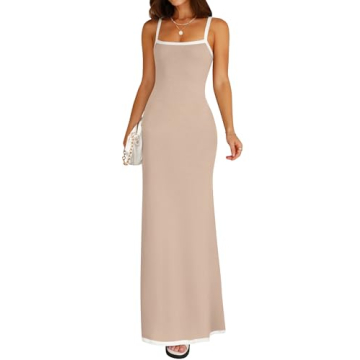 NENONA Women's Spaghetti Strap Bodycon Maxi Dress - Almond Color, Perfect for All Occasions