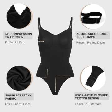 YIANNA Women Shapewear Tummy Control Bodysuit Seamless Sculpting Snatched Waist Body Suit Thong, YA5215-Black-2XL/3XL